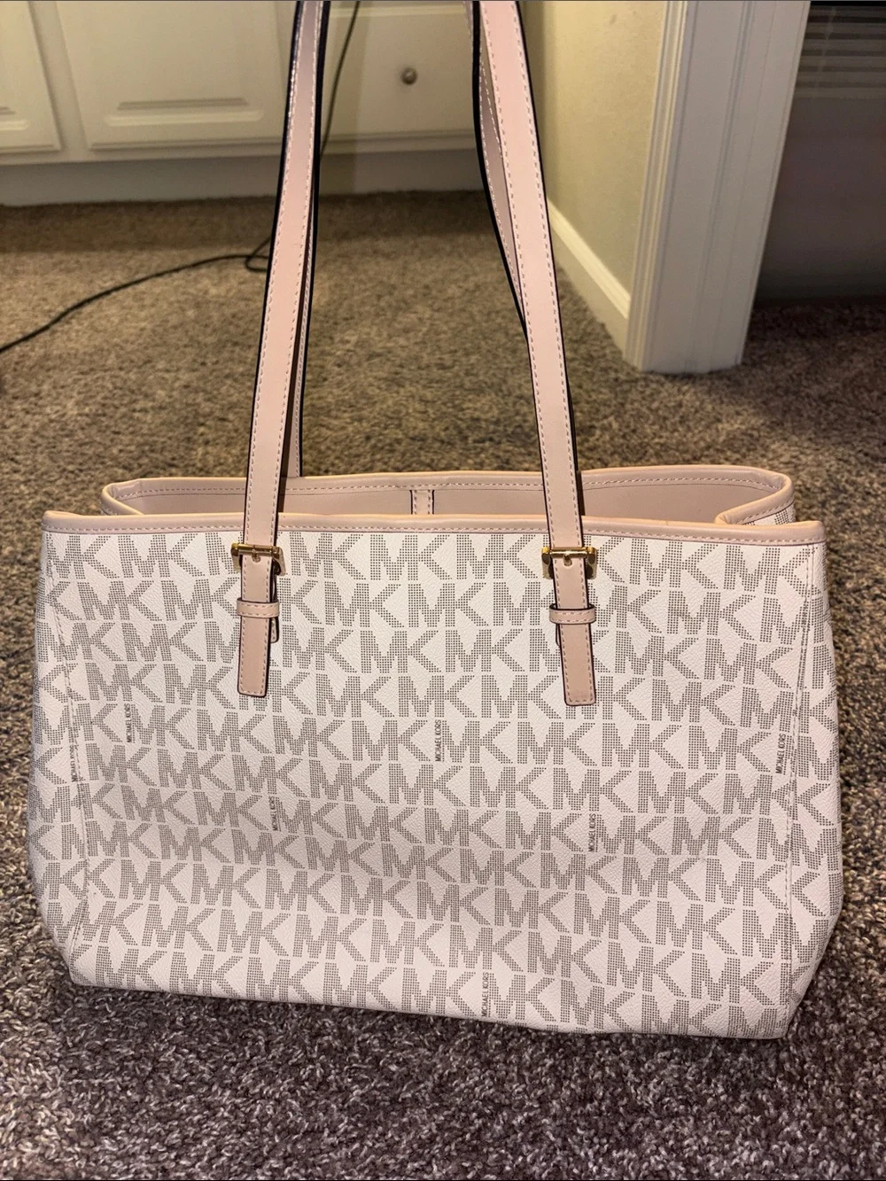 Authentic Michael Kors Light Pink Signature MK Tote with Gold Charm